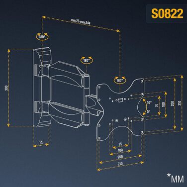 Кріплення для телевізора RICOO S0822: поворотне, нахильне, для телевізорів 29-47 дюймів, VESA 200x200, чорний
