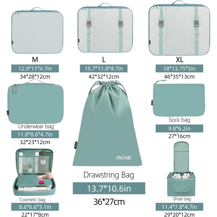 Набір органайзерів для валізи BAGAIL (8 шт.), Packing Cubes, Набір для подорожей та організації речей у валізі (Блакитний)