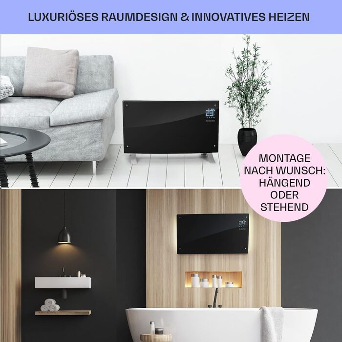 Електричний конвектор Klarstein Bornholm Curved Ambient: мобільний нагрівач з термостатом, 2000 Вт, чорний