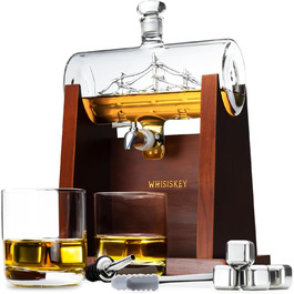 Carafe Set - Whiskey Gift Set - Gifts for Men - Men's Gifts Gift - Birthday Gift for Men - Ship Decanter 1100ML, Gift Box, 2 Whiskey Glasses, 4 Whiskey Stones