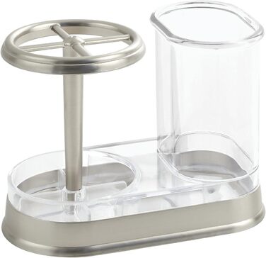 mDesign Toothbrush Holder - high-quality toothbrush cup made of plastic for bathroom sink or vanity - practical holder for toothbrushes and toothpaste - white and matte silver (Transparent/Brushed)