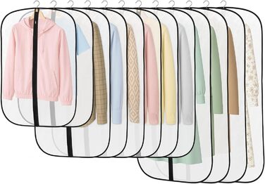 12 містких мішечків для одягу Dntorx, 60x100 см, PEVA, прозорі, з блискавкою. Захист для костюмів, сорочок, пальто.