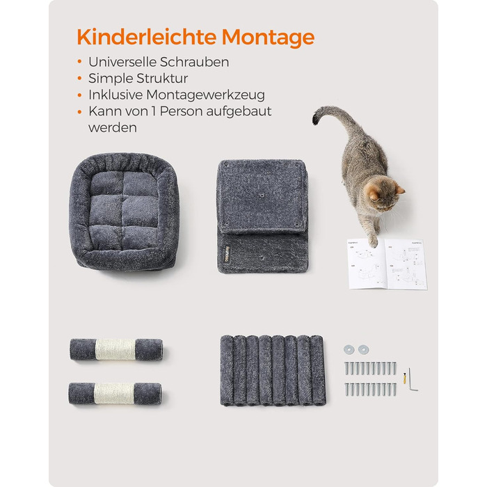 Драбина для котів Feandrea, 67 см, сірий, для кошенят до 3 кг, з великою платформою та сизалевими стовпами, PCT611W01