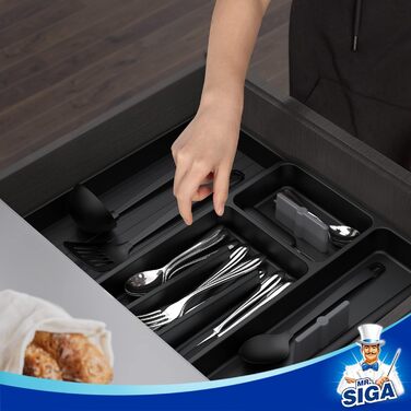 MR.SIGA Expandable Cutlery Box for Drawers, Utensil Holder Kitchen, Adjustable Cutlery Organizer for Cutlery, Kitchen Gadgets and Cooking Accessories, Black