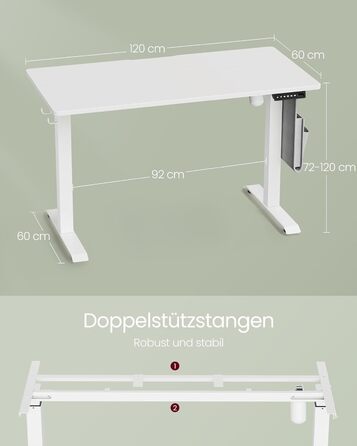 VASAGLE Electric Height Adjustable Desk, 60 x 120 x 72-120 cm, Memory Function, Wood & Steel Frame, Cloud White