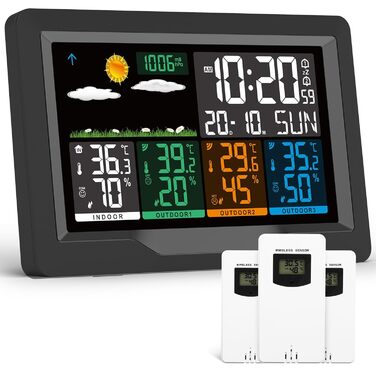 Jelly Weather Station Radio with 3 Outdoor Sensors, Color Display, Radio Weather Stations Indoor Thermometer Hygrometer Outdoor Thermometer Station, Radio Weather Station with Weather Forecast, Temperature, Humidity