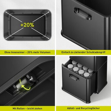 Сортувальний контейнер для сміття EKO Mirage Plus 3 відділення (15л + 15л + 30л), сенсорний, нержавіюча сталь, 60л, з пластиковими відрами