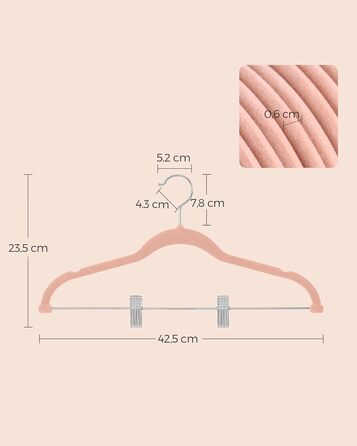 SONGMICS Velvet Clothes Hangers, 10-Piece Set, Skirt Hanger, 42.5 cm wide, with adjustable clips, non-slip, space-saving, for pants, coats, dresses, Light Pink CRF012R10