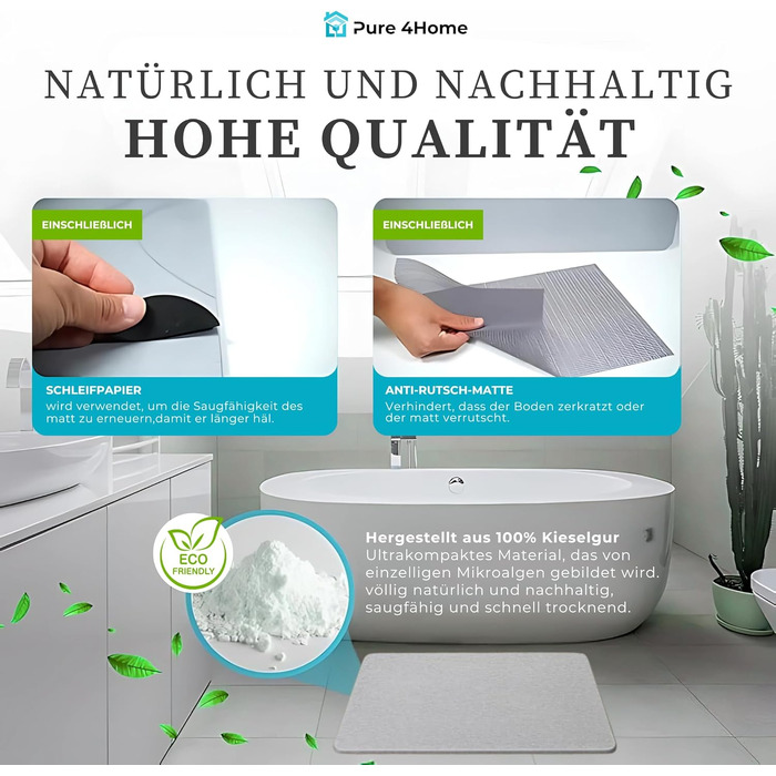 Діатомітовий килимок для ванної Pure 4Home Kieselgur, швидкосохнучий та антибактеріальний, протиковзкий, сірий, 45 x 35 см