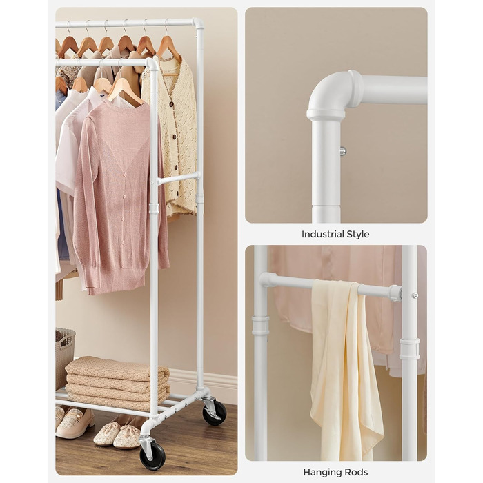 SONGMICS Clothes Rack, Clothes Rod, Coat Rack with 2 Clothes Rods and Shelf, Wheels, Load Capacity up to 110 kg, Industrial Design, for Bedroom, Dressing Room, White HSR060W01