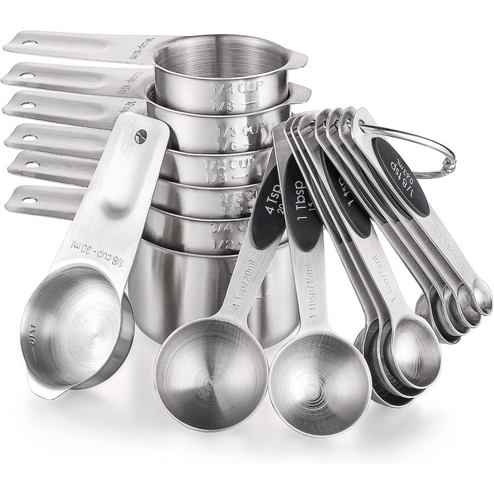 Stainless Steel Measuring Cups 7-Piece Stackable Set for Measuring Dry or Liquid Ingredients Kitchen Helper Metal Measuring Cups for Cooking & Baking (7+B9)