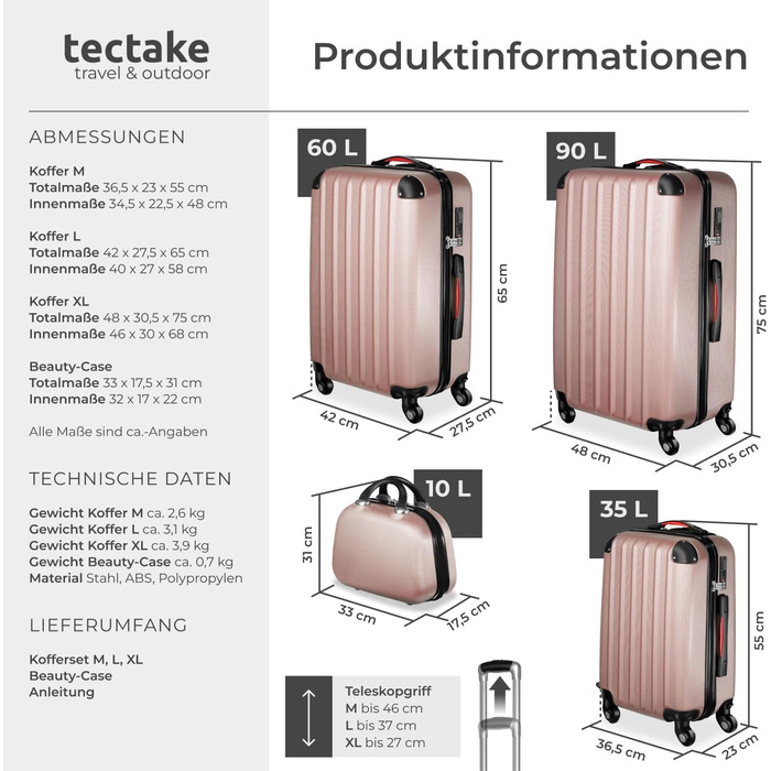 Набір валіз Tectake 4 шт. з відстібними колесами 360°, валізи з жорсткою оболонкою та TSA замком, велика валіза з роздільником, ручна валіза, телескопічна ручка - шампань (рожеве золото)