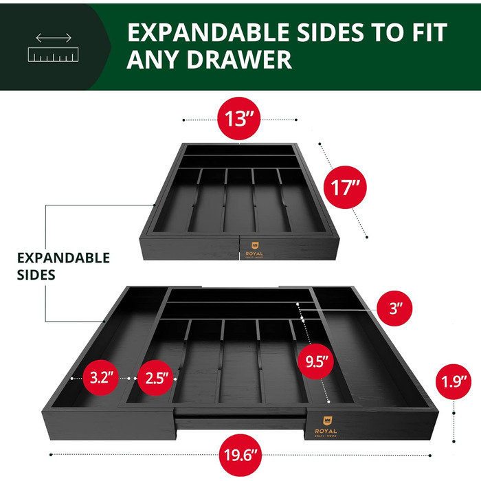 Органайзер для столових приборів ROYAL CRAFT WOOD з бамбука (9 секцій, чорний) - Роздільник для ящиків, тримач для кухонного приладдя