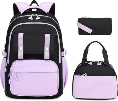 Дитячий рюкзак для школи для дівчаток: Kawaii рюкзак з великою місткістю (3-частинний набір, чорний та фіолетовий)