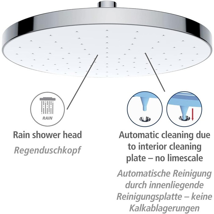 WENKO Showerhead Automatic Cleaning - Anti-Limescale Universal Showerhead with Automatic Cleaning System, Plastic (ABS), 22.5 x 22.5 cm, Silver Glossy, Chrome, 24000100
