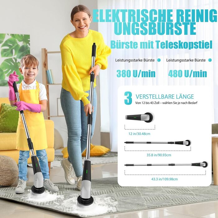Електрична щітка для прибирання YKYI, Spin Scrubber з 8 насадок, водонепроникна IPX7, для ванної, підлоги, кухні, білий (сірий)