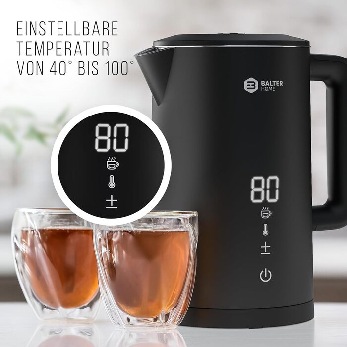 Balter Stainless Steel Kettle with Temperature Setting, 40°C-100°C, Double-Walled, BPA-Free, 1.7L, Black, WK-5-Touch (5 Temperature Levels, LCD)