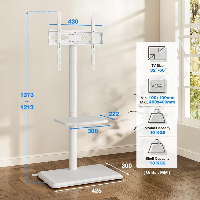 Стійка для телевізора 5Rcom з кронштейном 32-60 дюймів (до 40 кг), біла, VESA 400x400, регульована висота