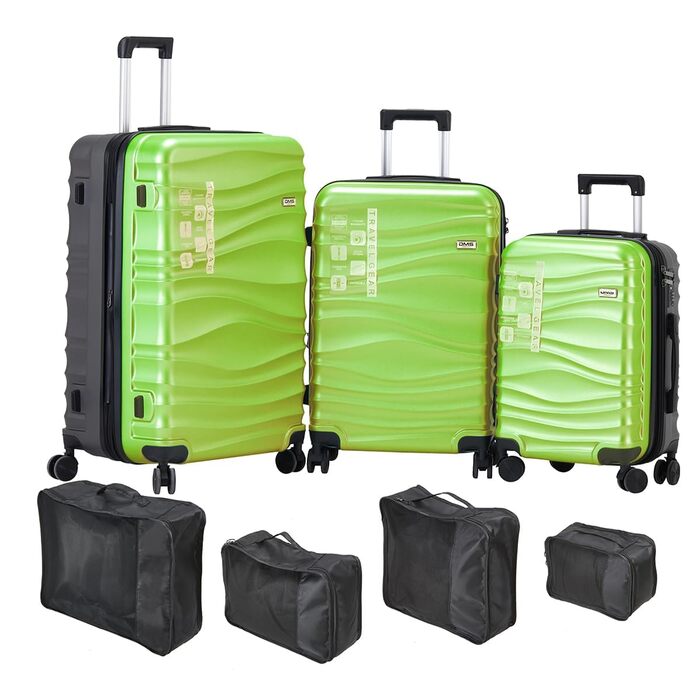 Набір валіз DMS® 7-елементів: 3 валізи (M/L/XL) з ABS-пластику, 360° колеса, кодовий замок + 4 чохли для одягу. Легкий, міцний, розширюваний, для подорожей та бізнесу (світло-зелений)