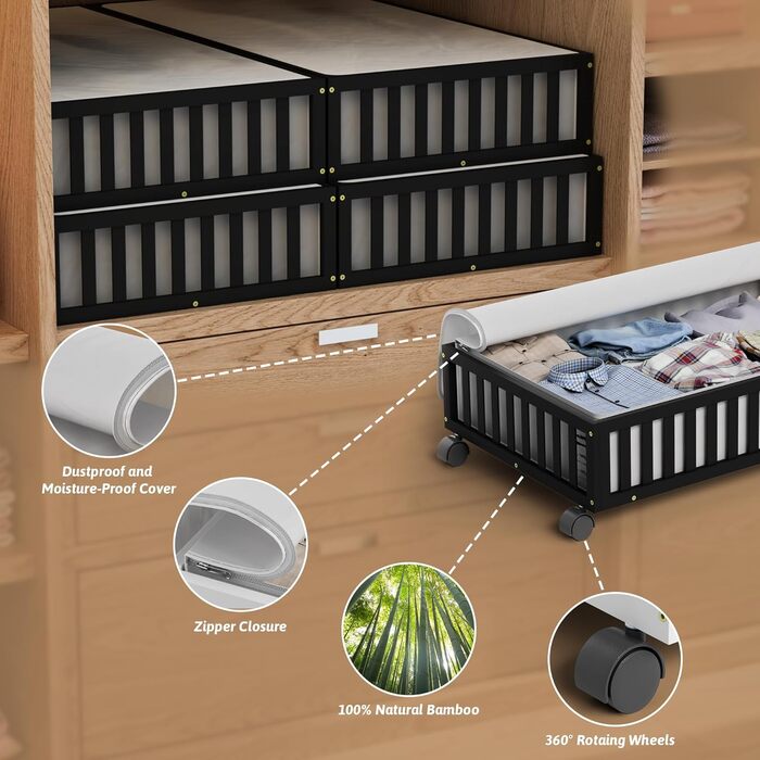 Контейнери для зберігання під ліжком з бамбука, 2 шт., великі, для одягу, ковдр, взуття, органайзери для спальні, дитячої кімнати, чорні (33.07'×16.54')
