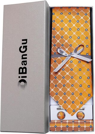 Набір краваток чоловічий DiBanGu з шовковими смугами та клітинкою, з кишеньковим хустинкою, затискачем та краватковою кліпсою для весілля та офіційних заходів (яскраво-помаранчевий)