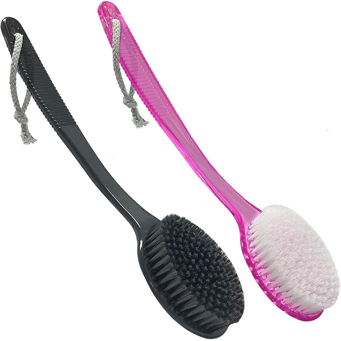 Back Scrub Brush – Curved shower brush with a long handle and medium-stiff bristles for cleaning and exfoliating the body, back scrubber for men and women (black + pink, 2)