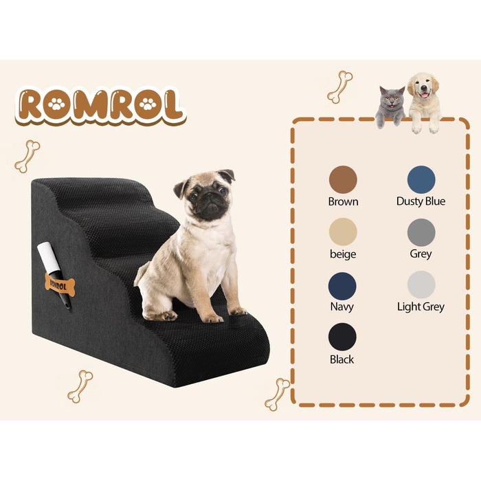 Сходинки для собак та котів ROMROL – 4 сходинки, чорного кольору, з неслизьким покриттям, Memory Foam, для захисту суглобів, легко миються