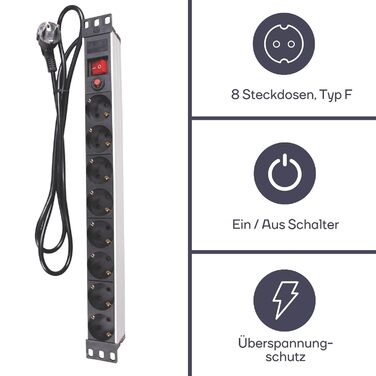 Блок розподілу живлення (PDU) Perel на 8 розеток Schuko Typ F з вимикачем та захистом від перенапруги, кабель 2.15м, 3680 Вт для 19-дюймової стійки, серверної шафи та офісу