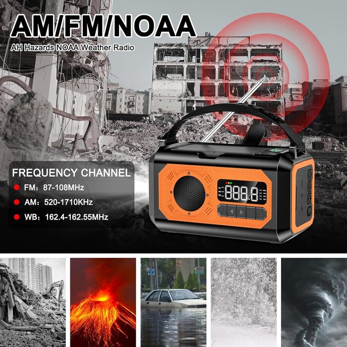 Радіо на сонячній батареї з ручним заводом 12000 mAh, AM/FM/NOAA, ліхтарик, SOS-сигнал, Power Bank – помаранчеве в смужку 