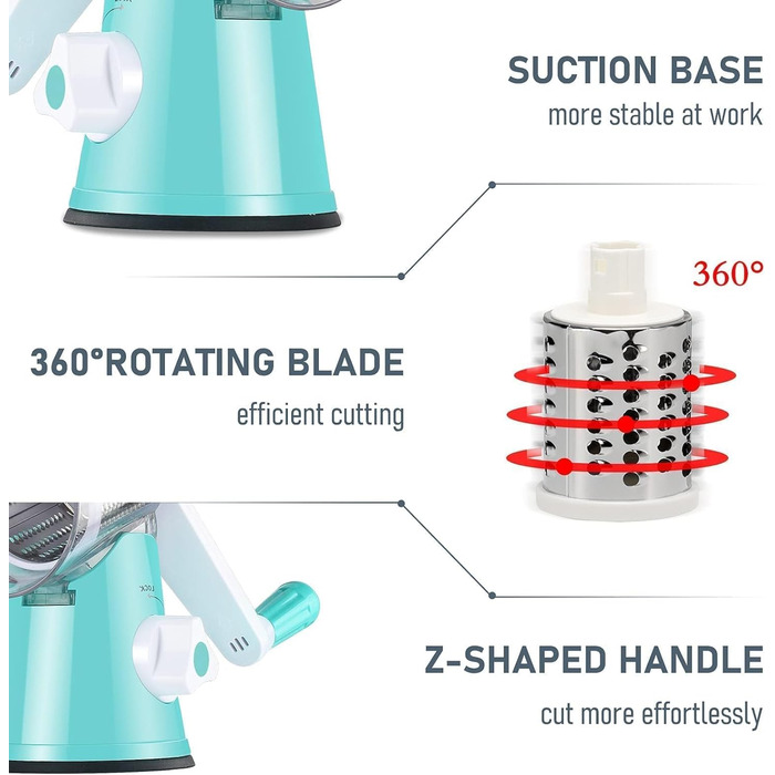 Трока для сиру та овочів KEOUKE з ручкою та 3 змінними лезами - для сиру, картоплі, капусти, горіхів, шоколаду (блакитна)