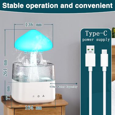 Зволожувач повітря «Дощові хмари» 450 мл з LED-підсвіткою, аромадифузор, білий шум, пульт ДУ, 3 режими та 7 кольорів для спальні