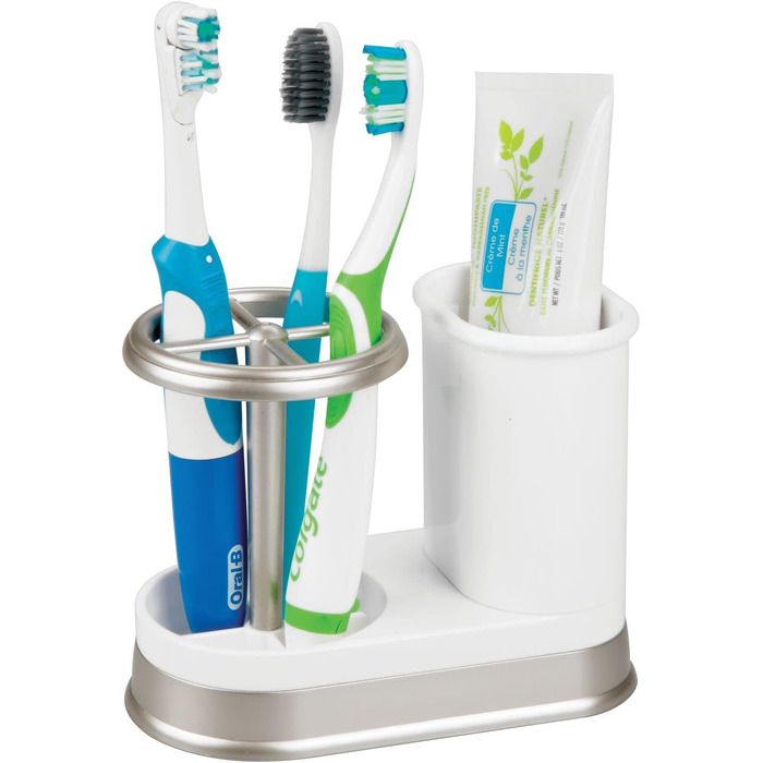 mDesign Toothbrush Holder - high-quality toothbrush holder made of plastic for bathroom sink or vanity cabinet - practical holder for toothbrushes and toothpaste - white and matte silver