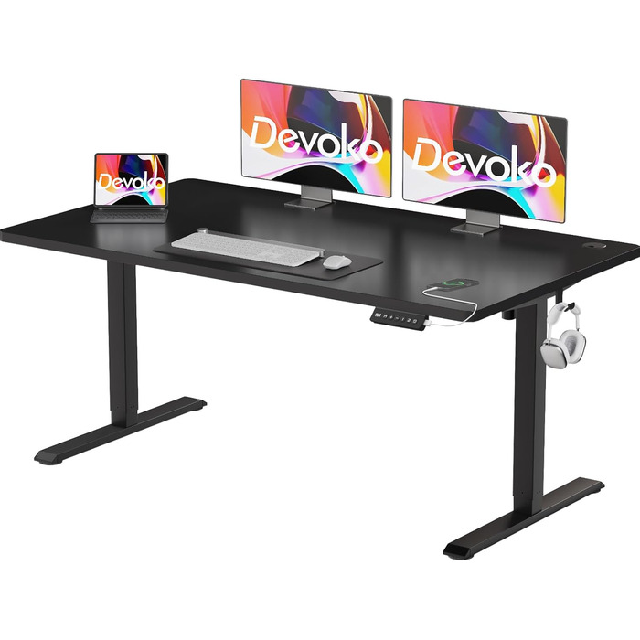 Devoko Adjustable Height Desk - Electric Standing Desk with Memory Function, 73-118cm Height, Collision Detection, Black, 140x60cm