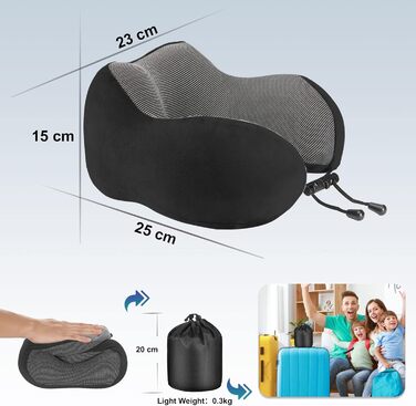 Подушка для шиї Eono з Memory Foam, ергономічна, для подорожей, з маскою для сну та навушниками, чорна