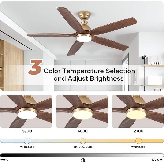 Дзеркальний вентилятор для стелі з дерева, без освітлення, з пультом керування, тихий, для вологого приміщення, 132 см (52 дюйми), коричневий, 5 лопатей