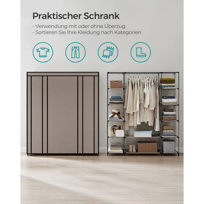 SONGMICS Wardrobe, Fabric Closet, with Clothes Rail and Shelves, Fabric Cover, for Bedroom, Dressing Room, 150 x 45 x 175 cm, LSF03H (Taupe)