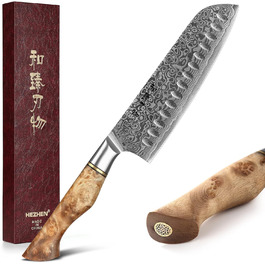 HEZHEN Кухонний ніж Gyuto 21см з дамаської сталі VG10, преміум якість, з ручкою з берези, для дому та ресторану
