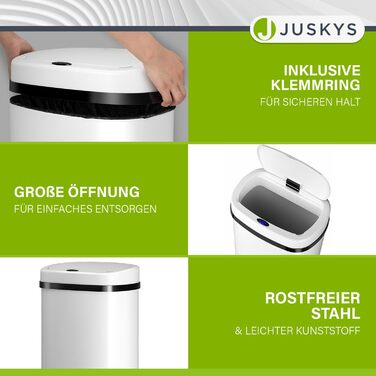 Відро для сміття Juskys з датчиком руху, 60л, біле - кутовий контейнер з кришкою та кільцем для пакетів, нержавіюча сталь, безконтактне відкривання