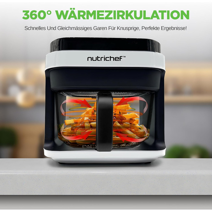 Фритюрниця NutriChef 5.5L біла – електрофритюрниця 8-в-1 з LED-дисплеєм. Готування без олії, циркуляція 360° для картоплі, курки, овочів та іншого.