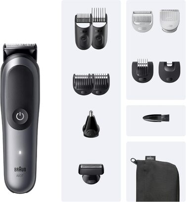 Braun Series 7 All-in-One 12-в-1: Триммер для бороди, носа, волосся (обличчя, тіла, голови) AIO7545, сірий, акумулятор 120 хв, 14 насадок (0.1-21 мм), водонепроникний