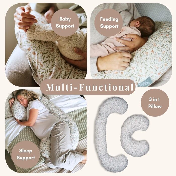Подушка для вагітних BellaMoon 3-в-1 – підтримка всього тіла, C-подібна форма, для сну, годування та як ліжко для дитини, знімний бавовняний чохол (Waterleaves)