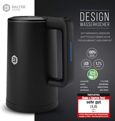 Balter Stainless Steel Kettle WK-4, 1.7 Liter, Electric Kettle, Double-Walled Design, BPA Free, LED, Compact Tea Kettle, Quiet (Black)