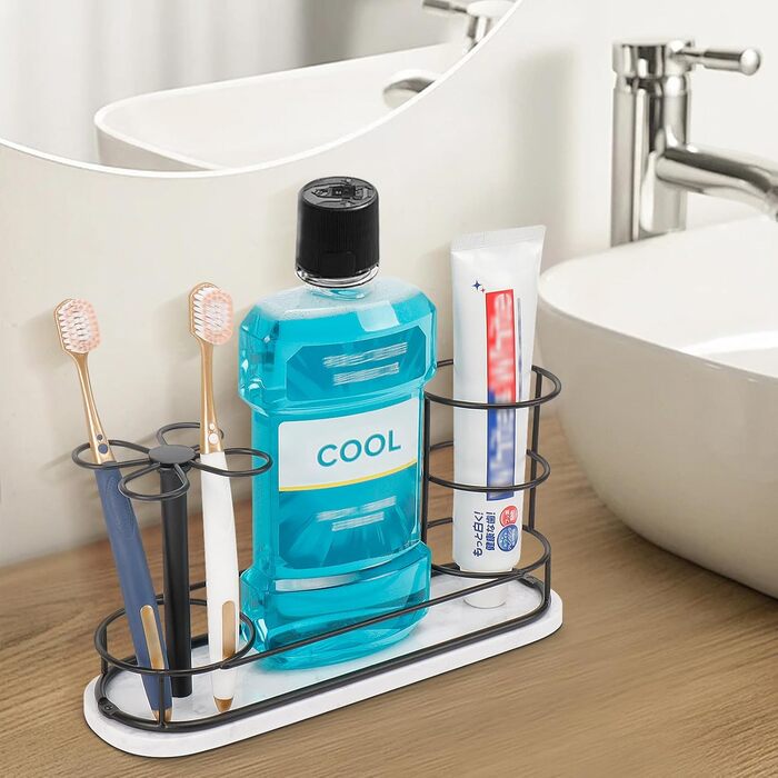 HarJue Toothbrush Holder for Bathroom, Metal Toothbrush Organizer with Marble Base, Toothbrush Storage Collection for Family, Suitable for Home, Hotel, Countertop, Vanity (Matte Black, Large)