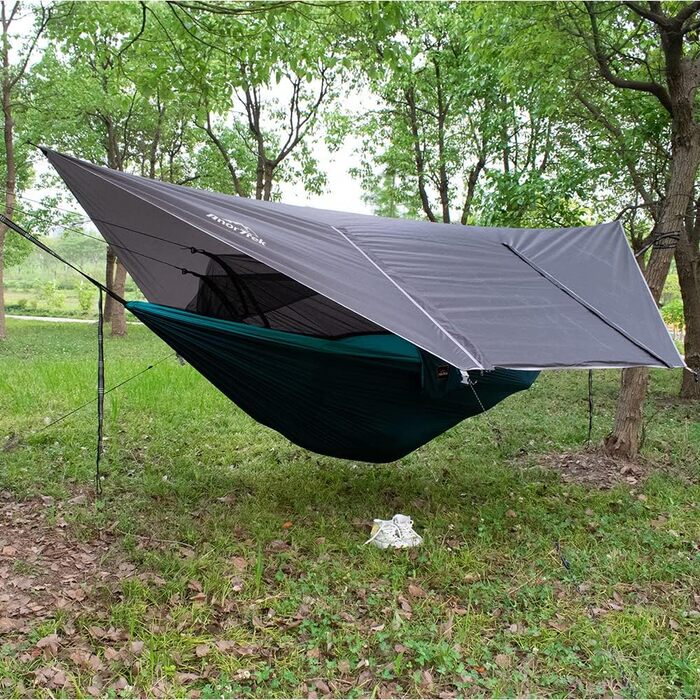 Гамак для кемпінгу з москітною сіткою та тент від дощу, двомісний, 210T нейлон, водонепроникний, для піших прогулянок (зелений, блакитний)