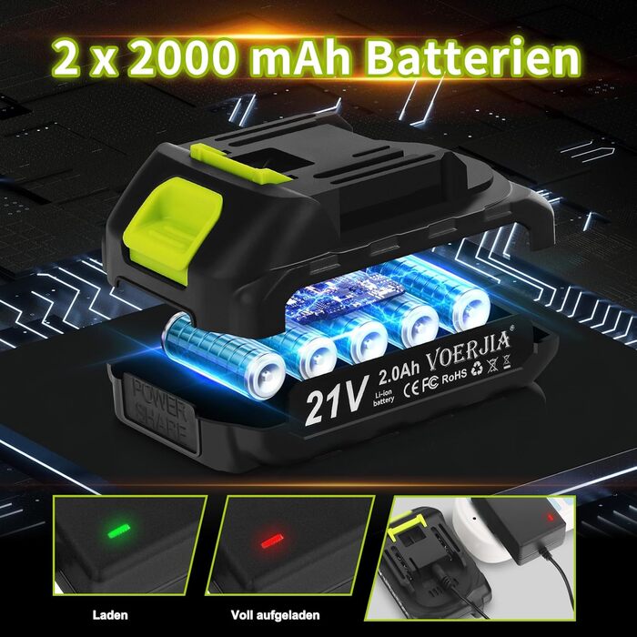 Акумуляторний шуруповерт 21V з набором 46 предметів: безщітковий дриль-шуруповерт, 2 акумулятори 2000 mAh, патрон 3/8', 20+3 ступені крутного моменту, до 65 Н.м, LED-ліхтар, 2 швидкості, аксесуари для електроінструментів