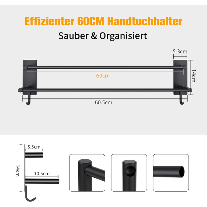 Тримач для рушників без свердління, 60 см, самоклеючий, з гачками, нержавіюча сталь, чорний, для ванної кімнати та кухні