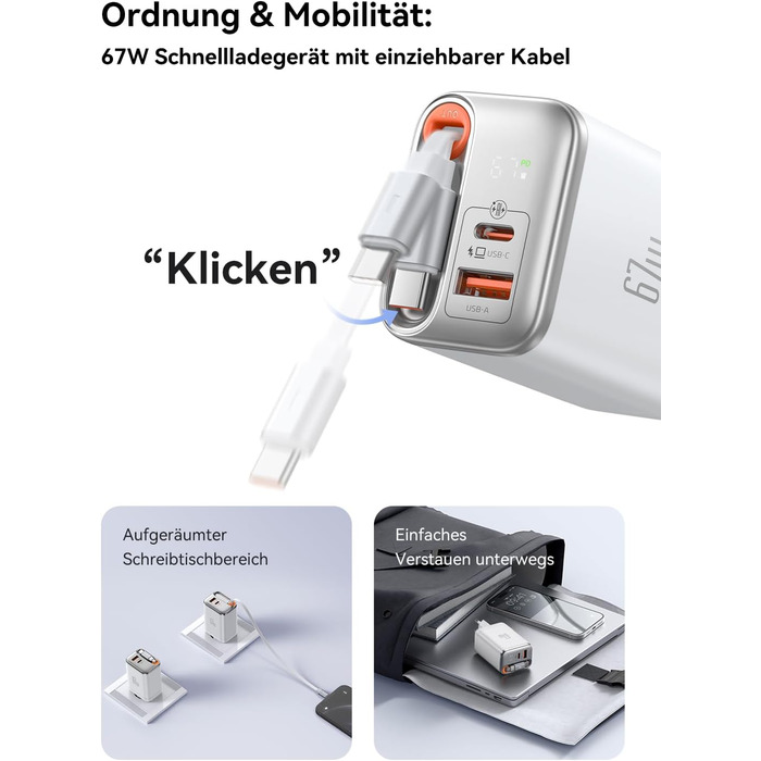 Мсдодо зарядний пристрій USB-C 67W з висувним кабелем, мережевий адаптер, зарядка GaN 3-Port з LED дисплеєм для iPhone, Galaxy, MacBook Pro, iPad