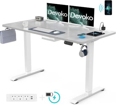 Devoko Adjustable Height Electric Standing Desk with Wireless Charger, Memory Control & Power Outlet - 160x80cm Grey