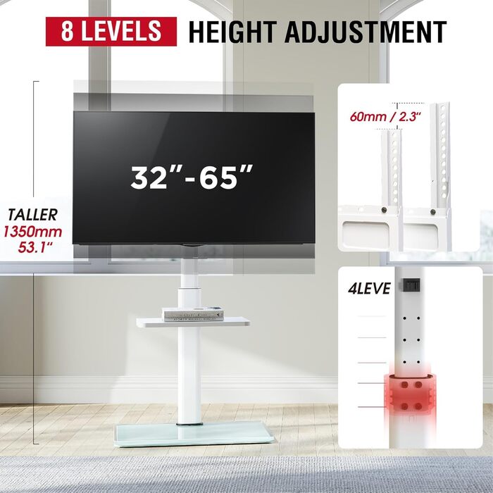 Підставка для телевізора Boden для 32-65 дюймів, поворотна на 60 градусів, з регулюванням кута нахилу, 8-ступенева регулювання висоти, стійка для телевізора для вітальні/спальні, витримує до 40 кг, VESA до 400 x 400, білий/декор для саду