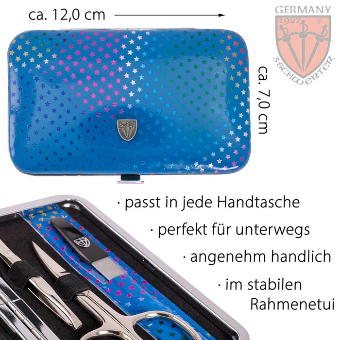 Набір манікюру DREI SCHWERTER 'Genova' 6 предметів | Німецький манікюрний набір у чорному еко-шкіряному футлярі | Вміст: кусачки для нігтів, ножиці для кутикули, пінцет, стеклянна пилка для нігтів, сапфірова пилка для нігтів (Sterne Blau)